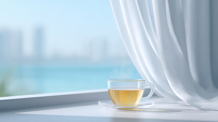 Calm morning tea in a transparent glass cup on a windowsill with soft city and sea view, minimalist cozy lifestyle scene with natural light for wellness concepts, relaxation banners, blogs and editori