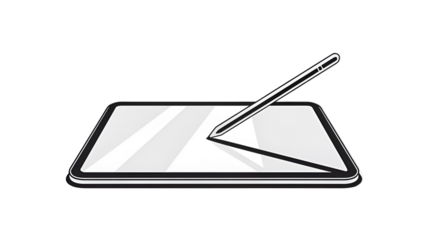 Digital Tablet with Stylus in Minimalist Design on White Background in Simple Line Art for Tech Illustration