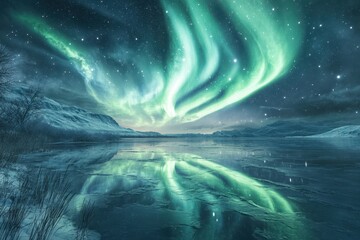 Aurora borealis lights up the night sky over a calm frozen lake in winter landscape