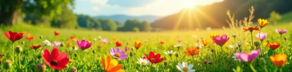 Obraz premium Vibrant wildflowers bloom across a sun-drenched meadow , spring, countryside