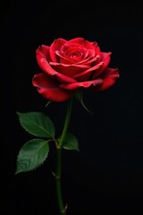 Vibrant red rose against black, dramatic lighting, bloom, photography