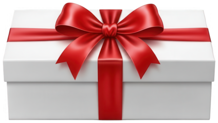 A pristine, rectangular white cardboard gift box, meticulously wrapped with vibrant, glossy red satin ribbon and a large, elegantly tied bow, sits squarely, isolated on transparent background.