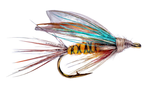 Colorful feathered fly fishing lure with gold hook for angling hobby fishing, transparent background