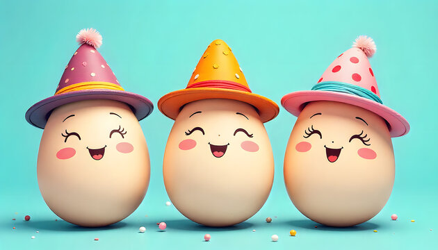 Three cute cartoon eggs with smiling faces wearing hats, colorful 3D illustration in a fun and playful Easter concept, isolated on pastel background with copy space, minimalist and vibrant design, 3, 
