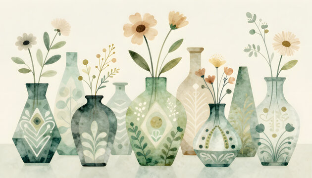 Abstract hand-painted illustration of a row of vases filled with spring flowers, combining floral and botanical elements with geometric shapes in natural green and turquoise tones, creating a calm spr