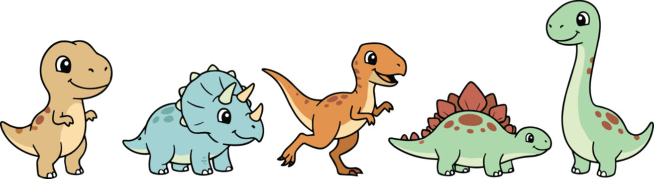 Cartoon dinosaurs collection, T-Rex, Triceratops, Velociraptor, Stegosaurus, Brachiosaurus, cute prehistoric animals, flat vector illustration