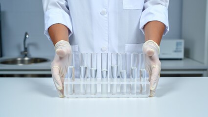 Clinical testing prep hands holding test tube rack with empty tubes on a sterile laboratory bench