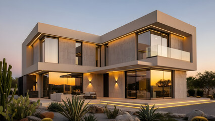 Modern luxury two-story villa at sunset with desert landscaping