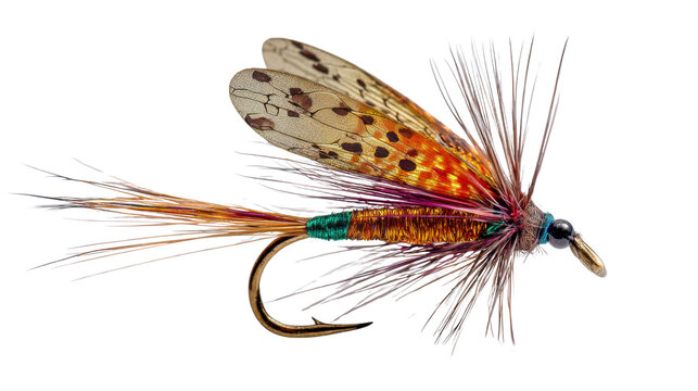 Fly tying: colorful artificial fly lure with intricate details and wings, ready for sport fishing, transparent background