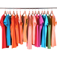 Colorful T Shirts on Hangers, Clothing Rack Display, Fashion Retail Concept, Multicolor Apparel Collection, Isolated on Black Background