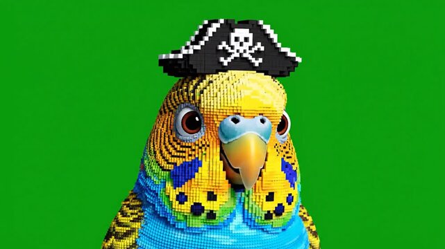 Cute 3D pixel art style parrot character wearing pirate hat smiling on green background