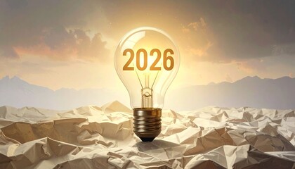 Glowing light bulb with “2026” inside, floating above abstract low-poly landscape, warm sunrise tones, futuristic concept, innovation and new year vision, cinematic atmosphere.