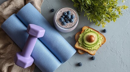 Still life composition with workout essentials, healthy snacks like avocado toast, smoothie, and plants, suggesting a balanced lifestyle