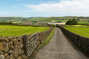 a classical panoramic view over irelands landscape with vibrant green agriculture fields and old...