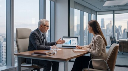 Business professionals discussing financial growth charts in a modern office setting.