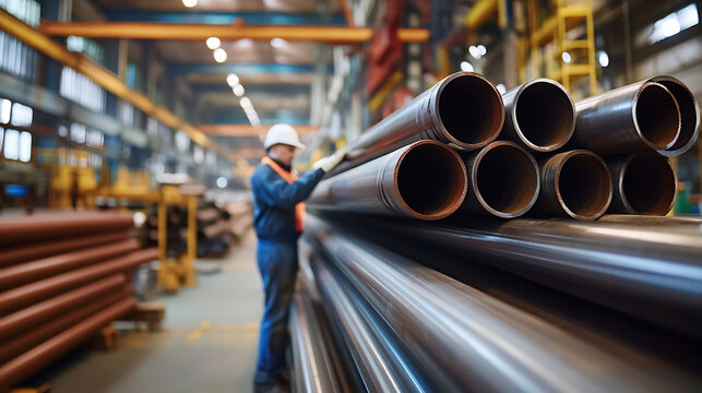 An industrial worker checks a stack of metal pipes in a factory setting, wearing safety gear, with the pipes taking center stage in the foreground. Quality inspection in process.