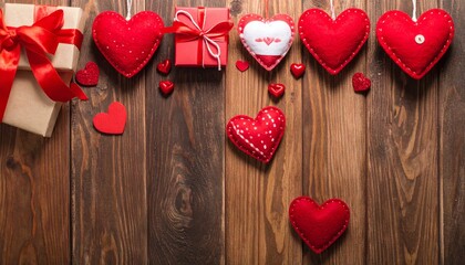 Valentine’s Day flat lay with fabric hearts and gift boxes on rustic wooden surface.