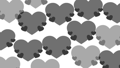 Seamless pattern featuring various shades of overlapping gray hearts and smaller dark hearts scattered across a bright white background creating abstract love.