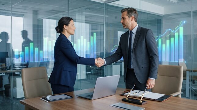 Business Professionals Shaking Hands in Modern Office with Digital Growth Chart Overlay. - Powered by Adobe