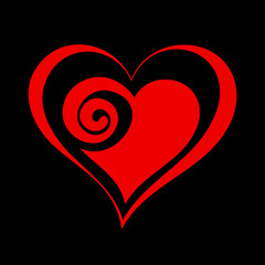 Red heart featuring an intriguing black spiral pattern within its contours against a stark black background representing love and passion.