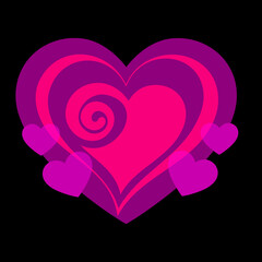 Magenta and purple heart with an internal spiral accent and several surrounding smaller transparent hearts for romance..