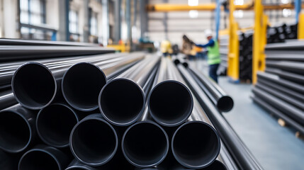 Stacks of industrial-grade black pipes, neatly organized in a storage facility. A worker in safety gear tends to the inventory, highlighting industry and utility work.