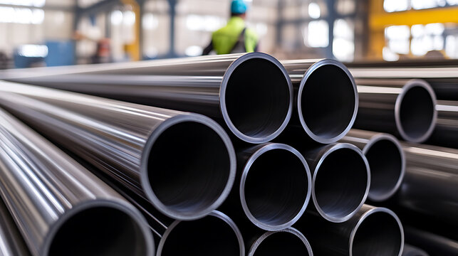 A neat stack of pipes at the factory. The steel pipes have been neatly arranged. Worker in the background. The factory is in operation. Shiny and metallic texture.