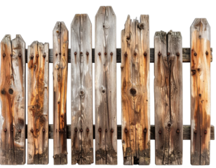 Weathered, rustic wooden fence made of vertical planks and nailed with rusted fasteners