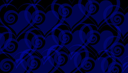 Abstract seamless pattern featuring overlapping translucent blue hearts and hypnotic black spiral curls creating a mysterious dark background texture.