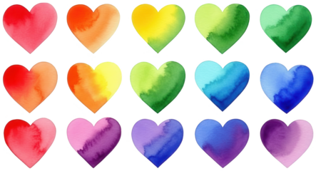 A vibrant collection of fifteen watercolor hearts, each displaying a unique gradient of color ranging from red, orange, yellow, green, and blue, rendered in a, isolated on transparent background.