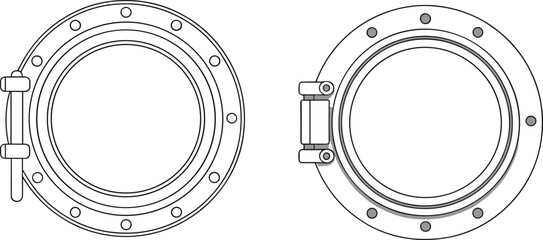 Nautical ship porthole vector set, circular maritime window technical sketch with rivets and hinge illustration © Al