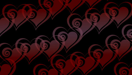 Elegant red and burgundy stylized hearts with subtle spiral embellishments over a deep black backdrop creating romantic background.