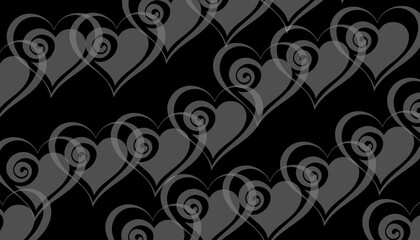  Pattern of dark gray stylized hearts featuring elegant swirl accents layered over a solid deep black background..