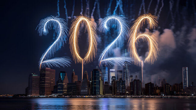 New Years Eve fireworks display with 2026 illuminated numbers over modern city skyline at night with vibrant colors and festive atmosphere for celebration - Powered by Adobe