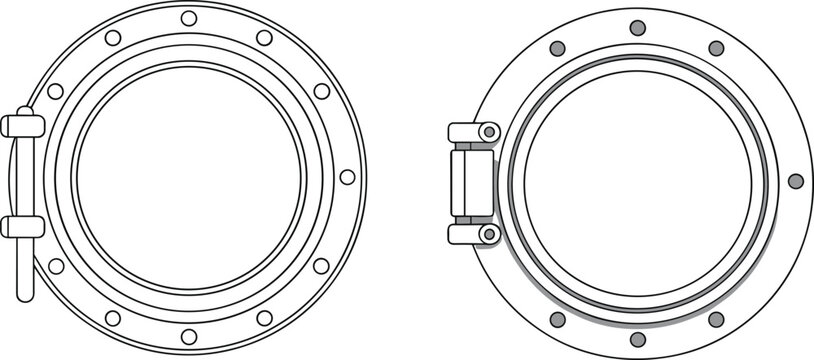 Nautical ship porthole vector set, circular maritime window technical sketch with rivets and hinge illustration
