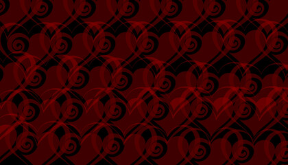 Dark and moody seamless repeating pattern featuring overlapping deep red and black hearts adorned with elegant swirling baroque accents suitable for romantic.