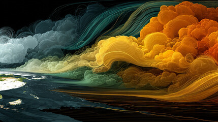 Global climate illustration portraying swirling atmospheric flows, heat distribution patterns, vapor trails, dynamic cloud structures, and planetary energy balance shaping complex environmental