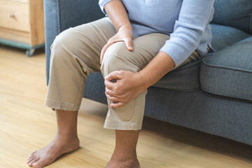 Body arthritis muscles stiff problem, aged woman suffering on leg, pain knee from disease chronic,...