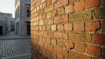 Closeup of a weathered brick wall in an urban alleyway.