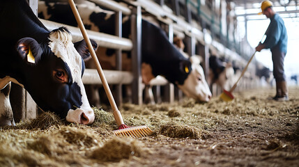 Cows eat hay in their stables.  A farmer sweeping a cow stable with a broom. Agricultural workers caring for animals at a cattle farm. Dairy farm worker tending barn.
