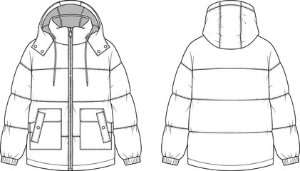 Technical flat sketch of hooded puffer jacket with zipper, flap pockets, drawstring hood, and stitched paneling, front and back views © MDSHISHIRHASAN