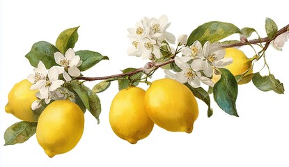 Lemon Branch with Blossoms Isolated on White Background