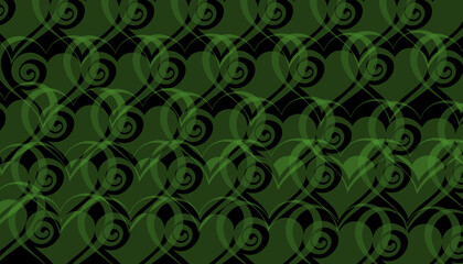Dark green and black overlapping heart shapes with intricate swirling scroll accents creating a dense abstract background texture for various uses
