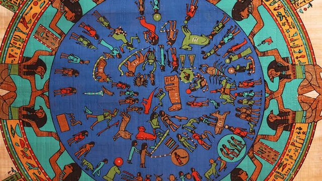 Ancient Egyptian zodiac on papyrus, Dendera Temple ceiling replica, circular astronomical chart with hieroglyphs, deities, constellations, colorful traditional art, historical artifact. Zoom out.