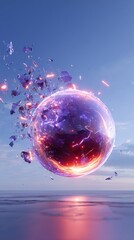 Glowing Shattered Energy Sphere in Sky at Dusk