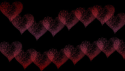 Abstract digital pattern featuring two diagonal rows of dissolving shimmering,  red and pink hearts scattered across a solid black background creating a romantic visual effect.