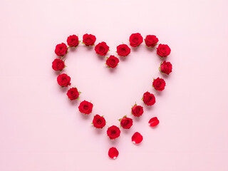 Fototapeta premium Heart Shape Made of Red Roses on Soft Pink Background Romantic Floral Concept