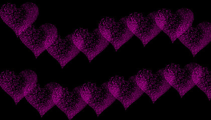 Dynamic background featuring two rows of sparkling magenta hearts composed of countless tiny dots against a deep black void symbolizing abstract love and digital romance