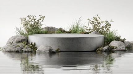 Minimalist Concrete Platform with Plants by Reflective Water