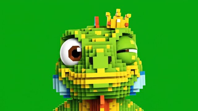 Winking Voxel Chameleon King Wearing Crown on Green Background